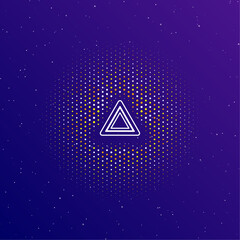 Poster - A large white contour emergency stop sign in the center, surrounded by small dots. Dots of different colors in the shape of a ball. Vector illustration on dark blue gradient background with stars