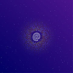 Poster - A large white contour at symbol in the center, surrounded by small dots. Dots of different colors in the shape of a ball. Vector illustration on dark blue gradient background with stars