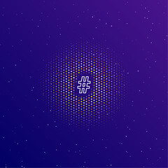 Poster - A large white contour hash symbol in the center, surrounded by small dots. Dots of different colors in the shape of a ball. Vector illustration on dark blue gradient background with stars