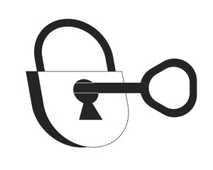 Poster - Key in padlock flat monochrome isolated vector object. Unlock. Editable black and white line art drawing. Simple outline spot illustration for web graphic design