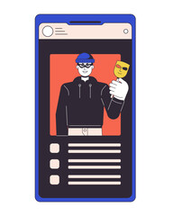 Poster - Theft identity flat line concept vector spot illustration. Thief stealing confidential data. Smartphone screen 2D cartoon outline object on white for web UI design. Editable isolated color hero image
