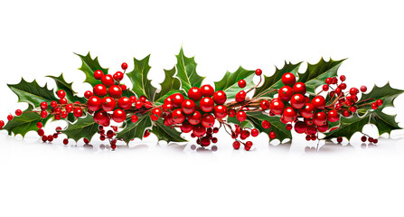 Christmas decoration garland from holly berries and leaves, with red ribbon on white background. Winter festive nature concept. banner