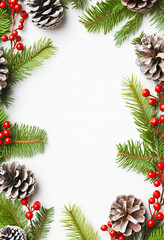 Wall Mural - christmas background with pine cones, branches of holly with red berries and fir tree on white. wint