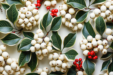 Wall Mural - christmas background with holly berries and leaves, closeup, top view