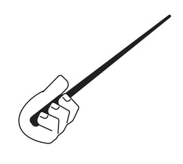 Poster - Hand holding stick cartoon hand outline illustration. Instructor pointing 2D isolated black and white vector image. Demonstration, direction. Showing presentation flat monochromatic drawing clip art