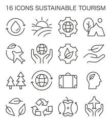 Sustainable tourism icons set. Symbols of ecotourism, eco-friendly recreation