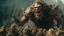 Giant Troll In Medieval Fantasy Battle Scenery With Foot Soldiers Around