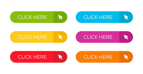 Poster - Click here button with arrow pointer clicking icon. Click here vector web button.