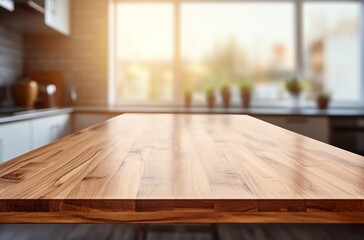 Wooden table on blurred kitchen bench background - Empty wooden table and kitchen background | Generative AI