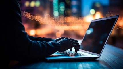 Wall Mural - young businessman using his tablet computer at night