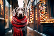 A Weimaraner dog wearing a red Christmas scarf against the backdrop of a city street, next to a Christmas store window.
