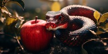 Eden Sentinel: A Black Snake Guards A Red Apple, Evoking The Mythical Imagery Of A Serpent Watching Over Forbidden Fruit In Paradise's Lush Abode