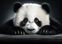Realistic Portrait Of A Panda Isolated On Dark Background. AI Generated