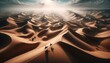 Camel rider in the vast desert among the wide sand dunes.