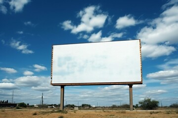  Billboard on deserted highway under blue sky. Generative AI