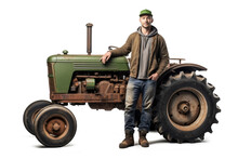 Isolated Farmer Standing In Front Of Green Tractor On Transparent Background