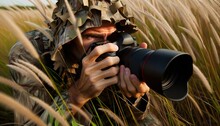 A Wildlife Photographer Camouflaged In The Tall Grass, Waiting For The Perfect Shot.