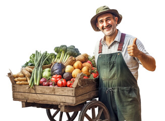 Wall Mural - man farmer with Cart of Produce Giving Thumbs Up isolated on transparent white background