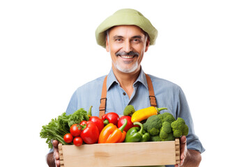 portrait of a mature man farmer holding wooden box of fresh organic vegetables, isolated on transparent white background