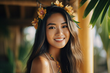 Sticker - Generative AI picture image of cheerful charming girl enjoying relax rest tropical island