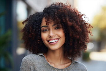 Wall Mural - Generative AI picture of beautiful young woman afro volume hair style in the street sunny day