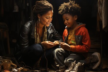 Black mother putting shoes on kid