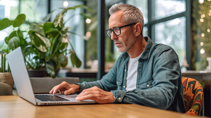 Wall Mural - Man working on laptop, freelancer with computer in cafe at table, man in glasses smiling looking in camera. Model by AI generative