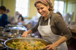 An emigrant refugee, smiling, prepares national European food, enjoying traditional cuisine.