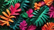 Featuring A Creative Color Layout Composed Of Tropical Leaves Arranged In A Flat Lay Fashion, Set Against A Backdrop Of Neon Colors AI Generative