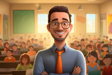 A portrait of male elementary school teacher in classroom. Cartoon