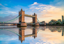 London Tower Bridge And Thames River Viewed At Sunset Hour In London, England