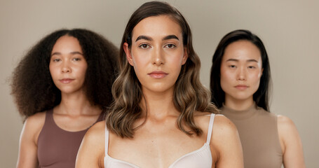 Poster - Diversity, beauty and women, portrait and skincare with wellness, dermatology and glow on studio background. Different skin, unique and inclusion with model group in a studio, cosmetics and face