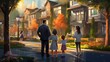 family walking through a suburban neighborhood generative ai