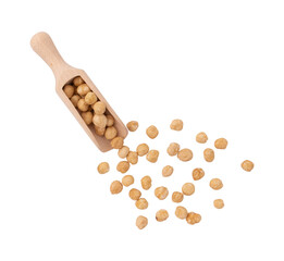 Wall Mural - pile of shelled hazelnut kernels in wooden scoop isolated on white background with clipping path, top view, concept of healthy breakfast, vegan food