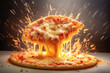 A delicious looking Pizza Margherita bounces. Stringy cheese. Artistic, sizzling, juicy cheese pizza ad image with cheese splattered and bursting.