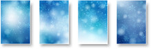 Christmas Greeting Card Templates. Empty Blue Winter Paper Mock Up With Snow. New Year Flat Lay, Top View, Copy Space.