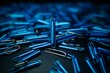 A blue paperclip surrounded by dark paperclips on a background. Office concept. Generative AI