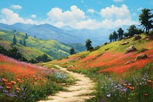 Panoramic Landscape Showcasing Monet-inspired Impressionist Paintings Of Meadows Filled With Red Wildflower Poppies In The Mountains. Generative AI