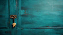 Blue Door With Keyhole On Wooden Background