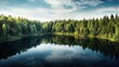 true-to-life aerial view from a tranquil lakeside with a mirrored reflection of the surrounding forest generative ai