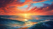 Spectacular Sunset Over A Calm Ocean Horizon With Vibrant Colors From Above. Generative Ai