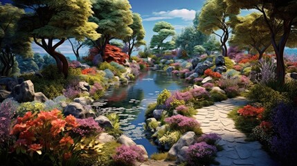 Wall Mural - tranquil garden in full bloom, with colorful flowers and pathways seen from above generative ai