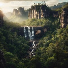 forest and waterfall landscape, Generative AI