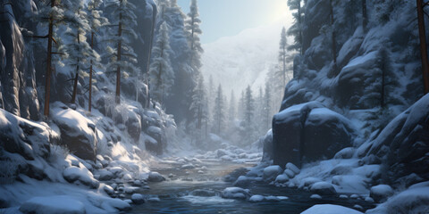 A highly detailed a river rushing through a snowy ravine