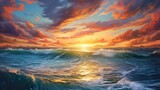 Fototapeta Morze - Spectacular sunset over a calm ocean horizon with vibrant colors from above. generative ai