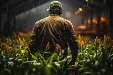 Canvas Print - A crop farmer implementing strategies to protect crops from adverse weather conditions and pests. Concept of agricultural risk management. Generative Ai.