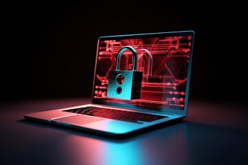 Laptop with padlock on screen on black and red background, cybersecurity concept, Generative AI