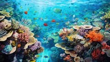 Fototapeta Do akwarium - vibrant coral reef in clear blue waters, teeming with marine life, seen from above generative ai