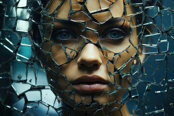 Wall Mural - a person's reflection in a shattered mirror, representing fragmented self-perception. concept of dis
