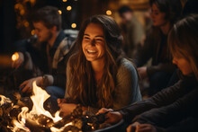 A Group Of Friends And Family Gathered Around A Bonfire, Roasting Marshmallows And Sharing Stories On A Chilly Christmas Eve. Generative Ai.